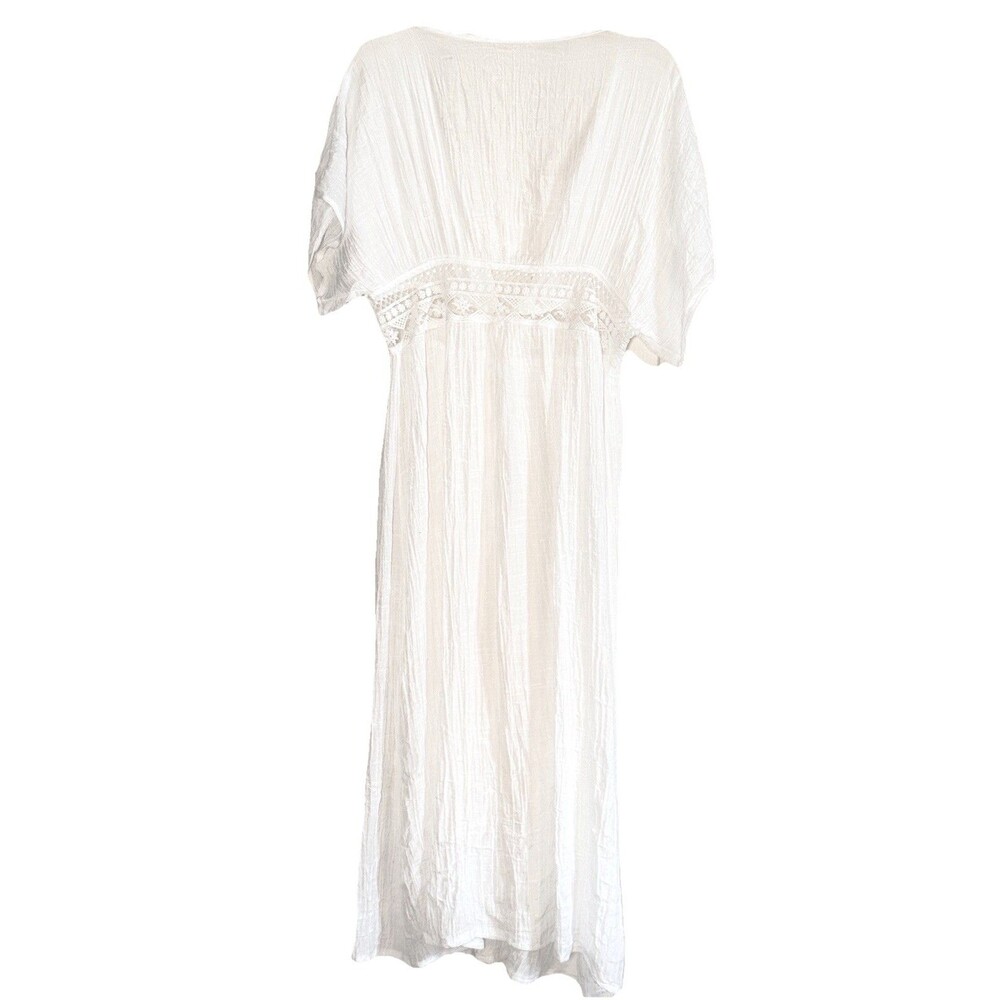 Maxi Crinkle Gauze Lace Inset Swim Cover Up Tie Front Boho Dress Duster White - Picture 2 of 3